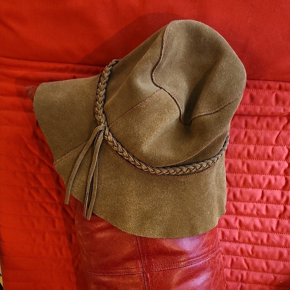 Vintage Suede Braided Trim Floppy Hat - Olive Brown